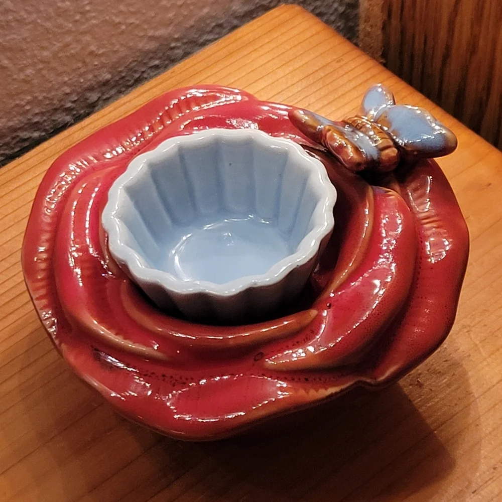 Vtg Ceramic Butterfly Flower Votive Candle Holder Removable Inner Ceramic Liner